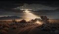 Road leading to the haunted paranormal ranch under the glowing moonlight. Generative AI