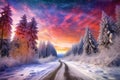 Road leading towards colorful sunrise between snow covered trees with epic milky way on the sky. Winter landscape Royalty Free Stock Photo