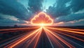 Road with light trails leads to cloud icon against sunset. Cloud computing with abstract high speed tech POV motion blur for data Royalty Free Stock Photo