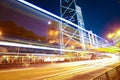 Road light trails on modern city landmark buildings in HongKong