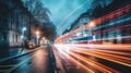 Road with light trails of passing vehicles. Motion speed light in city. Dynamic background. Town at night with speed traffic. Royalty Free Stock Photo
