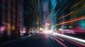 Road with light trails of passing vehicles. Motion speed light in city. Dynamic background. Town at night with speed traffic. Royalty Free Stock Photo