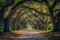 A road is lined with trees that are covered in Spanish moss, creating a unique and intriguing sight, Ornate tree alley with Royalty Free Stock Photo