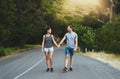 Road, love or happy couple holding hands or walking on date with smile, care for romance or adventure. Peace, freedom or Royalty Free Stock Photo