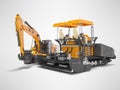 Road machinery orange asphalt spreader machine and crawler excavator 3D rendering on gray background shadow Royalty Free Stock Photo