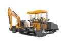 Road machinery orange asphalt spreader machine and crawler excavator 3D rendering on white background no shadow