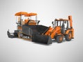 Road machinery orange asphalt spreader machine and tractor 3D rendering on gray background with shadow