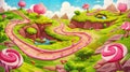 The road map for a candy game UI level with a cartoon background of sweets and lollipops for achievement. The game is a Royalty Free Stock Photo