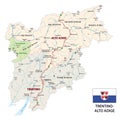 Road map of the italian region Trentino Alto Adige with flag