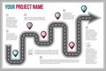 Road map. Timeline infographic design. Project path. Journey way. Graphic line chart. Plan sequence steps. Highway with