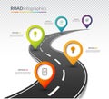 Road map timeline infographic template with 5 colorful pin pointers on the way. Vector illustration