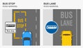 Road markings meaning infographic. Bus stop and bus lane markings. Traffic sign rule. Royalty Free Stock Photo