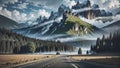 Road meandered through the enchanting forest, the towering trees created a serene atmosphere, while the snowy mountains in the