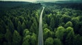 Road in the middle of the forest view from above. Generative AI Royalty Free Stock Photo