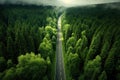 Road in the middle of the forest view from above. Generative AI Royalty Free Stock Photo