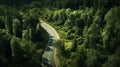 Road in the middle of the forest view from above. Generative AI Royalty Free Stock Photo