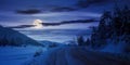 road through mountain landscape in winter at night. spruce forest covered in snow Royalty Free Stock Photo