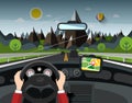 Road with Mountains on Background with Hands on Steering Wheel and GPS Navigation Cartoon Royalty Free Stock Photo