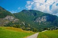 Road in mountains in Flam, Norway. Country road on mountain landscape. Beauty of nature. Hiking and camping. Summer trip