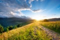 Road in the mountains. Grass and sunset. Natural summer landscape. Sun shine and sky. Rural landscape.