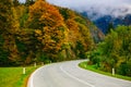 Road in the mountains, Slovenia, Bled,Bohinj.Scenic view of the colorful autumnal forests and hills. Royalty Free Stock Photo