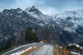 Road in Murren with Jungfrau Mountain on background - Silberhorn and Schwarz Monch parts - Murren, Switzerland