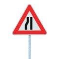 Road narrows sign on pole post, left side, isolated large detailed vertical closeup Royalty Free Stock Photo