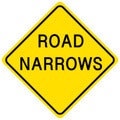 Road Narrows yellow sign on white background Royalty Free Stock Photo