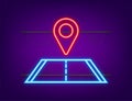 Road neon pin. Travel icon. Location pin sign. Vector stock illustration. Royalty Free Stock Photo