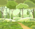 Road. Obliquely. Amusing beautiful forest landscape. Cartoon style. The path through the hills with grass. Trail. Cool