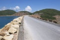 Road over the dam of the High Island Reservoir at the Hong Kong Global Geopark, Hong Kong, China.