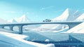 Road overpass, frozen lake, snow, and mountains on horizon. Cartoon illustration of winter landscape with highway bridge