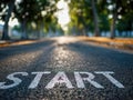Road with a painted start line leading into a tree-lined path illuminated by soft sunlight in a peaceful outdoor setting perfect Royalty Free Stock Photo
