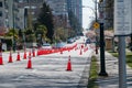 A road partially closed off to give pedestrians and cyclists more room to social distance amid the COVID-19 pandemic.