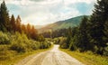 Road pass view to walkway and mountains. Carpathians in Summer.