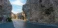 Road passes through the ancient Vespasian Gate in Side, Turkey Royalty Free Stock Photo