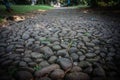 Road pathway or walks from black stone structure on the green park garden in indonesia