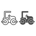 Road paver truck line and solid icon. Roller heavy vehicle for laying asphalt symbol, outline style pictogram on white