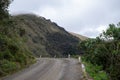 Road PE-8B from Leymebamba to Balsas. Unpaved one lane road with hardpin turn ahead. Royalty Free Stock Photo