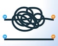 The road from point you to goal. right and wrong way with messy line. concept of true and false path or straight and winding road