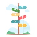 Road pointer stick with signs of different directions. Question marks. Way pointing. Confusion or making decision. Path