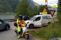 Road police control the traffik in Ullensvang, Norway