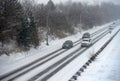 Road with poor visibility in a blizzard