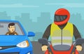 Road rage. Angry car driver yelling to motorcyclist on the city road. Close-up view of a motorcycle rider. Royalty Free Stock Photo