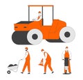 Road Repair and Construction Set. Compactor Rolling Machine and Working People with Cones, Wheelbarrow Royalty Free Stock Photo