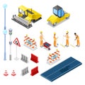 Road repair and construction, vector 3D isometric isolated icons