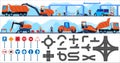 Road repair construction vector illustration flat set, cartoon worker repairman character working on constructing truck