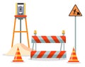 Road repair flat vector illustration. Special equipment for fencing the way, information sign Royalty Free Stock Photo