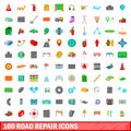 100 road repair icons set, cartoon style