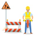 Road repair illustration. Male worker with jackhammer. Maintenance and construction of pavement Royalty Free Stock Photo